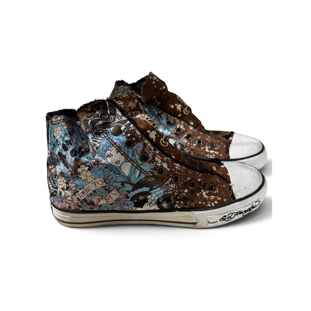 Vintage 90s Ed Hardy Hi-Top Canvas Sneakers Slip On Tattoo Art Skull Floral Sz 6